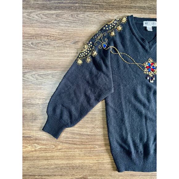 Vintage Western Connection Women's Small Black Sweater Sequins Sparkle 80s 90s - Picture 6 of 11